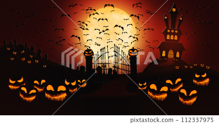 Halloween Pumpkins at Cemetery with Bats Flying Against Full Moon Sky with Haunted Mansion in the Background 112337975
