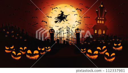 Halloween Pumpkins at Cemetery with Bats Flying and Witch Riding the Broom Against Full Moon Sky with Haunted Mansion in the Background 112337981