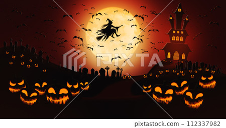 Halloween Pumpkins at Cemetery with Bats Flying and Witch Riding the Broom Against Full Moon Sky with Haunted Mansion in the Background 112337982