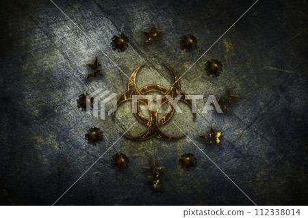 Coronavirus, COVID-19 outbreak pandemic all over European Union. Biohazard sign and Corona Bacteria over Infected EU flag illustration Coronavirus, COVID-19 outbreak pandemic all over European Union. Biohazard sign and Corona Bacteria over Infected EU flag illustration 112338014