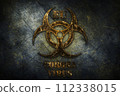 Biohazard sign. Coronavirus, COVID-19 outbreak pandemic all over European Union. Infected EU flag illustration 112338015