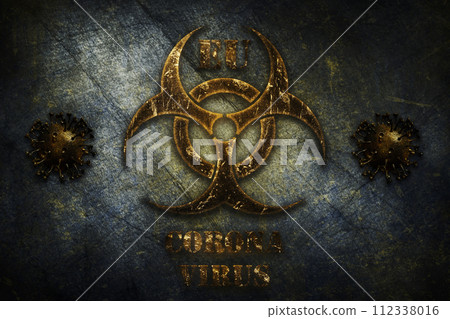 Coronavirus, COVID-19 outbreak pandemic all over European Union. Biohazard sign and Corona Bacteria over Infected EU flag illustration 112338016
