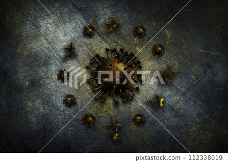 Coronavirus, COVID-19 outbreak pandemic all over European Union. Infected EU flag. Corona Bacteria and infected stars illustration 112338019