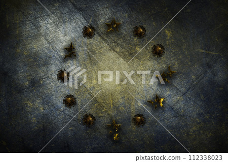 Coronavirus, COVID-19 outbreak pandemic all over European Union. Infected EU flag. Corona Bacteria and infected stars illustration 112338023