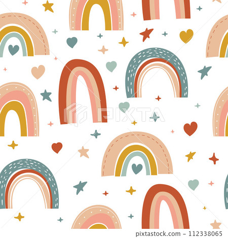 Rainbow seamless pattern. Vector hand drawn rainbow in cartoon Scandinavian boho style for kids wrapping paper, textile, wallpaper, prints, fabric. Rainbow set with clouds, stars, heart. Rainbow seamless pattern. Vector hand drawn rainbow in cartoon Scandinavian boho style for kids wrapping paper, textile, wallpaper, prints, fabric. Rainbow set with clouds, stars, heart. 112338065