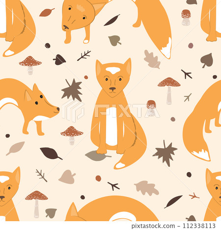 Cute foxes, mushrooms and autumn leaves doodle seamless pattern. Fall nursery forest vector background Cute foxes, mushrooms and autumn leaves doodle seamless pattern. Fall nursery forest vector background 112338113