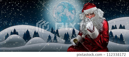 Santa Claus in Snow Fields With Full Moon and Starry Sky illustration Santa Claus in Snow Fields With Full Moon and Starry Sky illustration 112338172