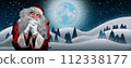 Santa Claus in Snow Fields With Full Moon and Starry Sky illustration 112338177