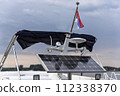 Top of Luxury Yacht on the river with flag of Serbia at dusk 112338370
