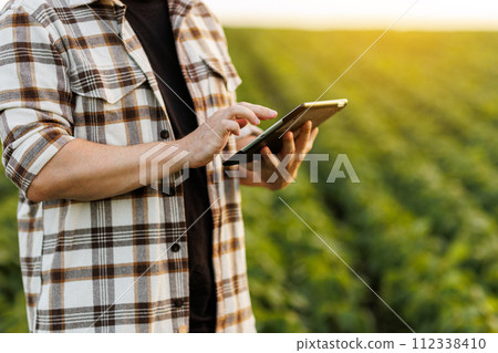 Modern agribusiness. Unrecognisable male farmer uses digital tablet for analyse, checks soybeans plantation. Smart farming technology. Quality control growth and development of sprouts before harvest 112338410