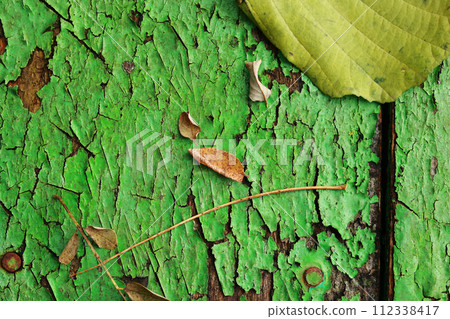 Autumn yellow fallen leaves and twigs on old wooden background texture of boards with cracked green paint. Shabby grunge wood panels, frame, flat lay. Fall season concept Autumn yellow fallen leaves and twigs on old wooden background texture of boards with cracked green paint. Shabby grunge wood panels, frame, flat lay. Fall season concept 112338417