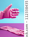Hand in Pink latex glove in position for shaking. Hand shake 112338435