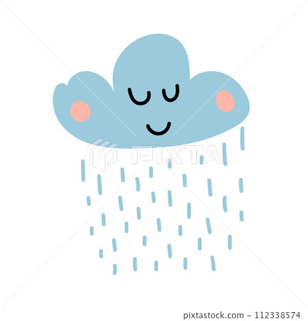 Cute happy cartoon kawaii cloud on blue background with rain drops. Dreaming cloud vector doodle illustration character Cute happy cartoon kawaii cloud on blue background with rain drops. Dreaming cloud vector doodle illustration character 112338574