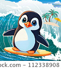 Penguins enjoy surfing today! 112338908