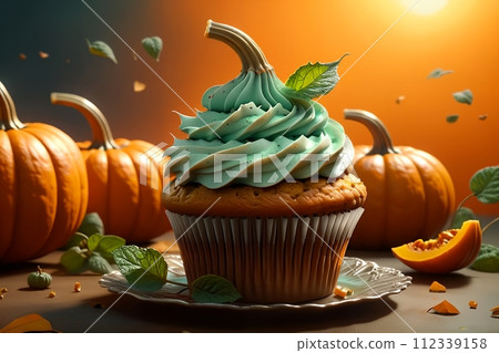 pumpkin cream cupcake decorated for Halloween. 112339158