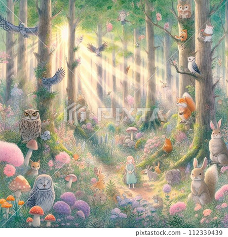 森林裡五顏六色的花和鳥 112339439