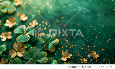 Gentle green flowers bathed in mysterious golden light, an ethereal background. St. Patrick's Day concept. Gentle green flowers bathed in mysterious golden light, an ethereal background. St. Patrick's Day concept. 112339776