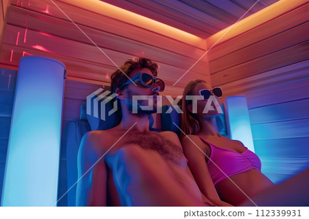 AI-generated content. Relaxed young couple sunbathing in infrared sauna for stress relief 112339931