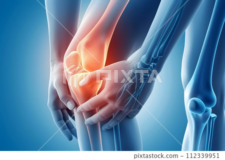 AI-generated content. Unrecognizable person with knee joint pain on blue background AI-generated content. Unrecognizable person with knee joint pain on blue background 112339951