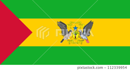 The official current flag and coat of arms of Democratic Republic of Sao Tome and Principe. State flag of Sao Tome. Illustration. The official current flag and coat of arms of Democratic Republic of Sao Tome and Principe. State flag of Sao Tome. Illustration. 112339954