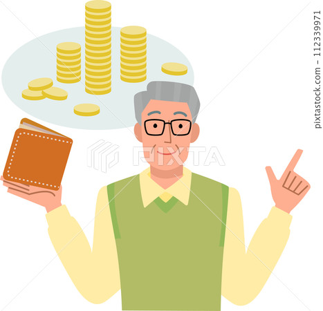 Illustration of a senior man explaining about money Illustration of a senior man explaining about money 112339971