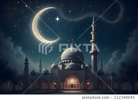 Serene Night Scene with Crescent Moon Illuminating Sky, Mosque Silhouette, Generative AI 112340045
