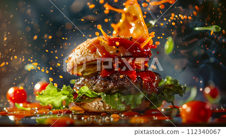 Freshly made hamburgers with plenty of toppings. A deluxe burger with toppings flying around. Freshly made hamburgers with plenty of toppings. A deluxe burger with toppings flying around. 112340067