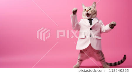 A stylish cat with a white coat, sunglasses, and a bow tie is striking a playful pose against a solid pink background, providing ample copy space for text on the side. Advertising, leaflets, flyers 112340265