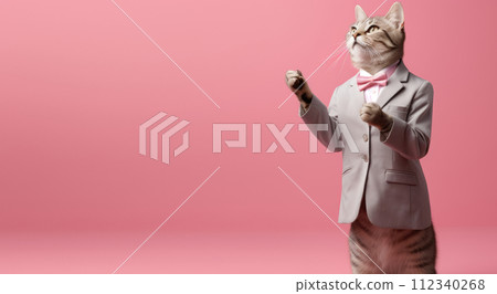 A stylish cat with a white coat, sunglasses, and a bow tie is striking a playful pose against a solid pink background, providing ample copy space for text on the side. Advertising, leaflets, flyers A stylish cat with a white coat, sunglasses, and a bow tie is striking a playful pose against a solid pink background, providing ample copy space for text on the side. Advertising, leaflets, flyers 112340268