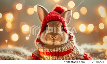 Cheerful bunny celebrating the holiday season, cute bunny with holiday spirit. Cheerful bunny celebrating the holiday season, cute bunny with holiday spirit. 112340271