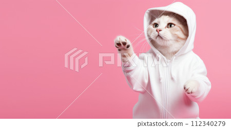 Fashion-forward cat in sunglasses and hoodie strikes a playful pose on a pink background, with ample space for your text 112340279