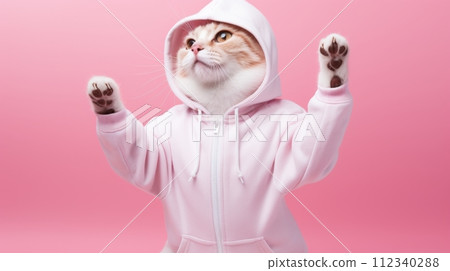 Fashion-forward cat in sunglasses and hoodie strikes a playful pose on a pink background, with ample space for your text 112340288