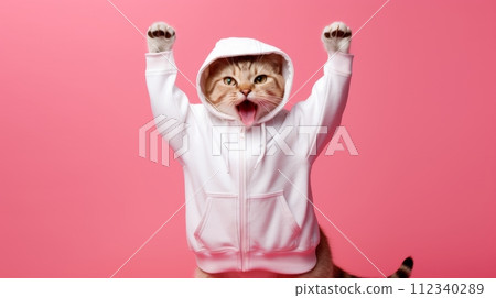 Fashion-forward cat in sunglasses and hoodie strikes a playful pose on a pink background, with ample space for your text 112340289