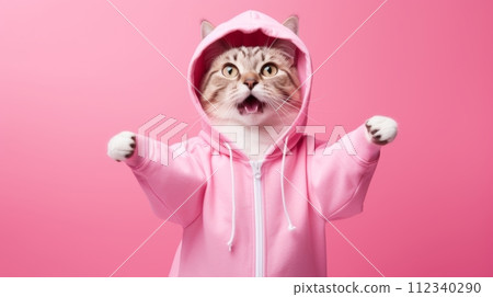 Fashion-forward cat in sunglasses and hoodie strikes a playful pose on a pink background, with ample space for your text 112340290
