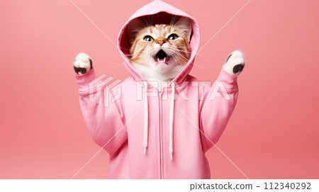 Fashion-forward cat in sunglasses and hoodie strikes a playful pose on a pink background, with ample space for your text 112340292