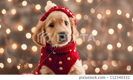 A puppy in a cozy sweater, his eyes filled with Christmas joy. A puppy in a cozy sweater, his eyes filled with Christmas joy. 112340332