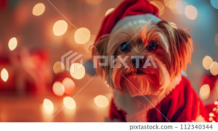 A puppy in a cozy sweater, his eyes filled with Christmas joy. 112340344