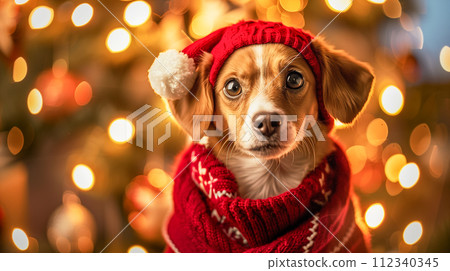 A puppy in a cozy sweater, his eyes filled with Christmas joy. 112340345