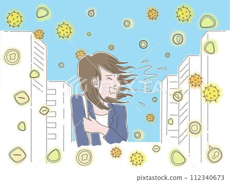 一名婦女在花粉散落的城市打噴嚏的插圖 112340673