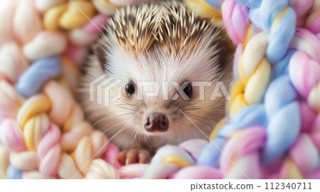 Portrait of a playful hedgehog, with a fun expression in a bright bokeh circle. 112340711