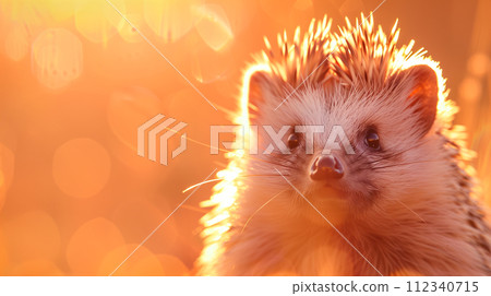 Portrait of a playful hedgehog, with a fun expression in a bright bokeh circle. 112340715