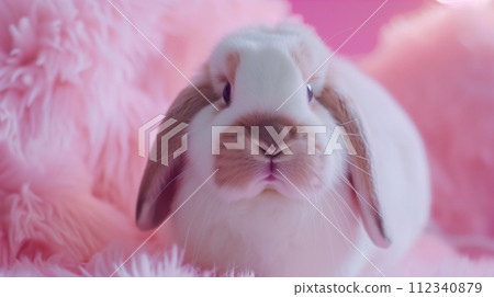 A fluffy rabbit with soft fur and sparkling eyes in a dreamy pink haze. 112340879