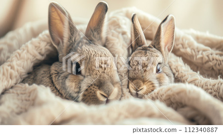 A fluffy rabbit with soft fur and sparkling eyes in a dreamy pink haze. A fluffy rabbit with soft fur and sparkling eyes in a dreamy pink haze. 112340887