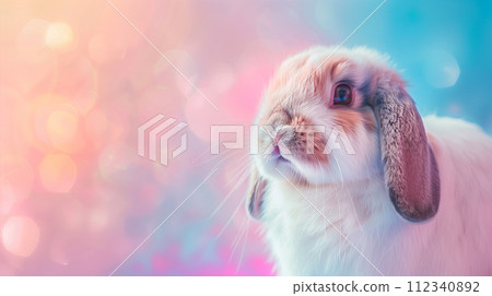 A fluffy rabbit with soft fur and sparkling eyes in a dreamy pink haze. A fluffy rabbit with soft fur and sparkling eyes in a dreamy pink haze. 112340892