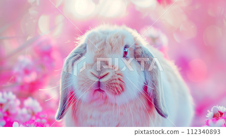 A fluffy rabbit with soft fur and sparkling eyes in a dreamy pink haze. A fluffy rabbit with soft fur and sparkling eyes in a dreamy pink haze. 112340893