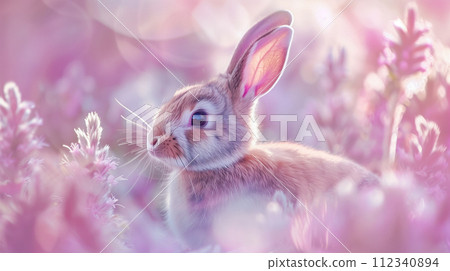 A fluffy rabbit with soft fur and sparkling eyes in a dreamy pink haze. A fluffy rabbit with soft fur and sparkling eyes in a dreamy pink haze. 112340894