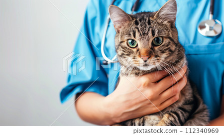 A caring veterinarian wearing scrubs is carefully holding a pet. 112340969