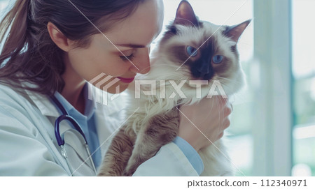 A caring veterinarian wearing scrubs is carefully holding a pet. A caring veterinarian wearing scrubs is carefully holding a pet. 112340971