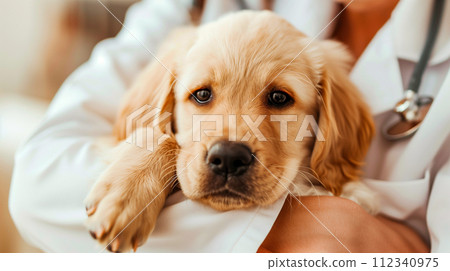 A caring veterinarian wearing scrubs is carefully holding a pet. 112340975