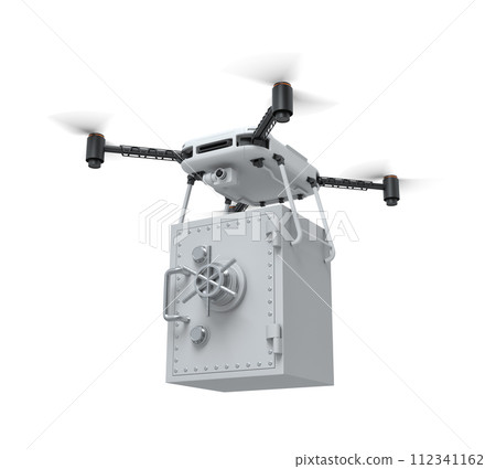 3d rendering of drone with camera carrying locked light gray money safe isolated on white background. 3d rendering of drone with camera carrying locked light gray money safe isolated on white background. 112341162